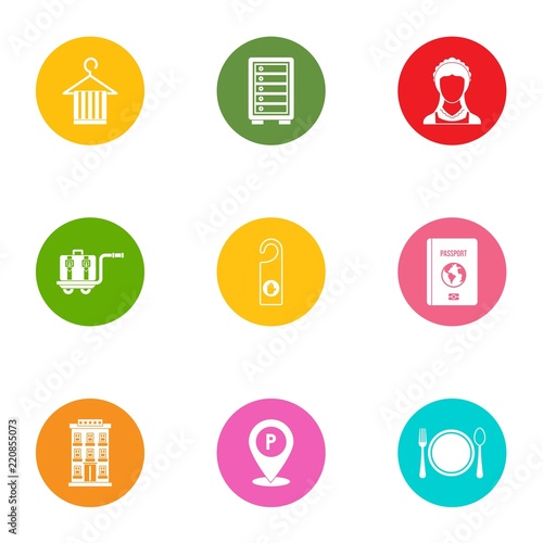 Beachfront hotel icons set. Flat set of 9 beachfront hotel vector icons for web isolated on white background