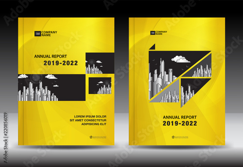 ellow Cover template With city landscape, Annual report cover design, Business brochure flyer template, advertisement, company profile, magazine ads, book, poster,, vector layout, A4 size