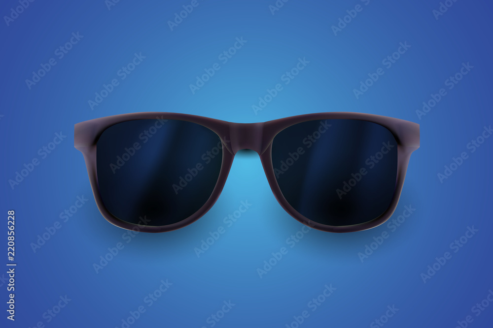 Realistic sunglasses isolated on blue background. Vacations, summer travel design, travel agency. Vector realistic 3d illustration. Fashion accessory design. Summer eyewear concept. Realistic sunglasses isolated on blue background. Vacations, summer travel design, travel agency. Vector realistic 3d illustration. Fashion accessory design. Summer eyewear concept.