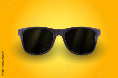Realistic sunglasses isolated on yellow background. Vacations, summer travel design, travel agency. Vector realistic 3d illustration. Fashion accessory design. Summer eyewear concept.