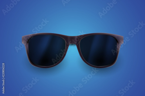 Realistic sunglasses isolated on blue background. Vacations, summer travel design, travel agency. Vector realistic 3d illustration. Fashion accessory design. Summer eyewear concept.