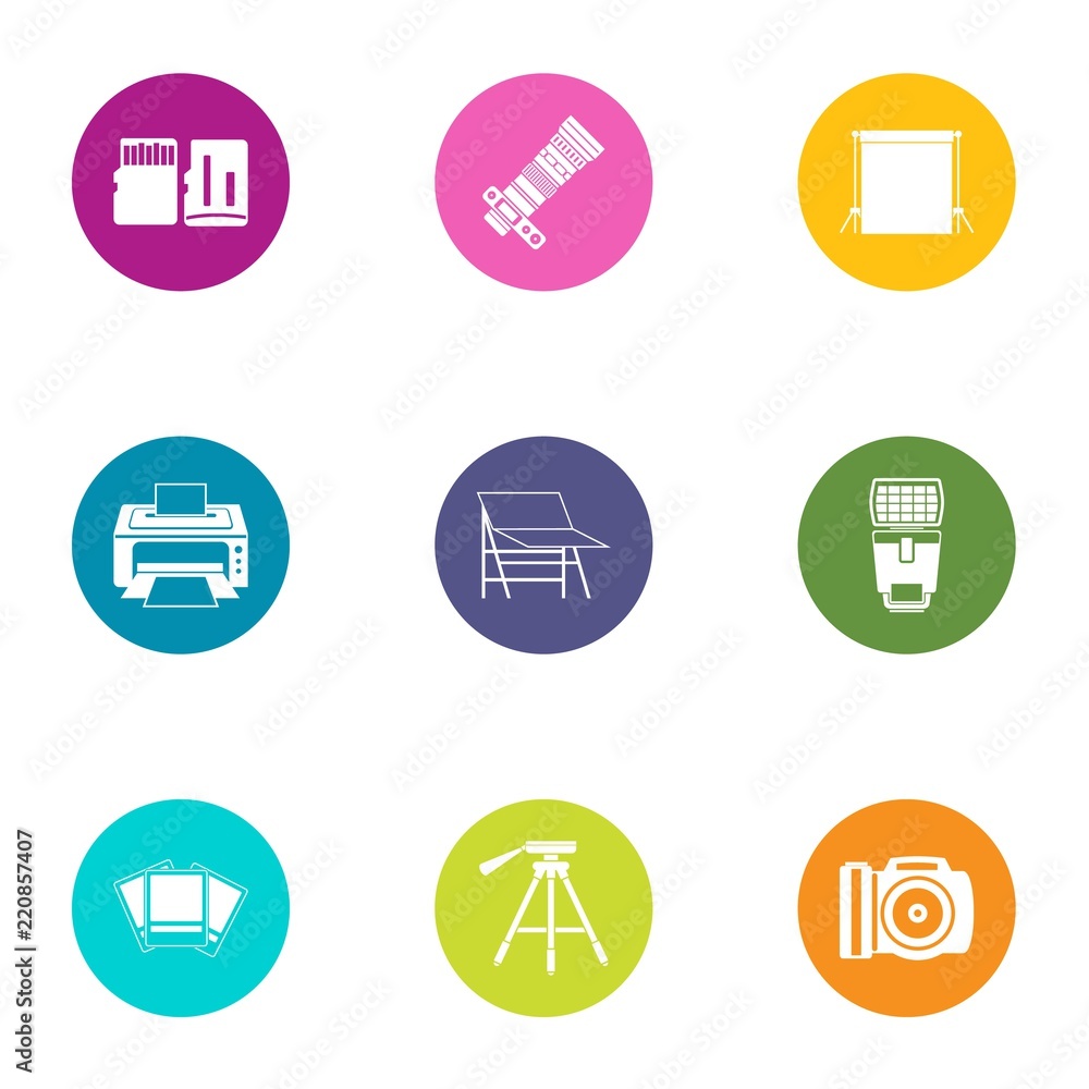 Photo printing icons set. Flat set of 9 photo printing vector icons for web isolated on white background