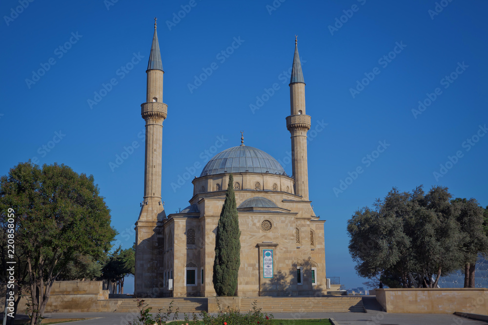 Mosque and two minarets . Mosque of the Martyrs, also known as the Turkish Mosque or Shahids Mosque, near the Martyrs Lane in Baku, Azerbaijan