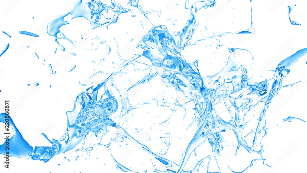 Obraz premium Isolated blue splash of water splashing on a white background. 3d illustration, 3d rendering.
