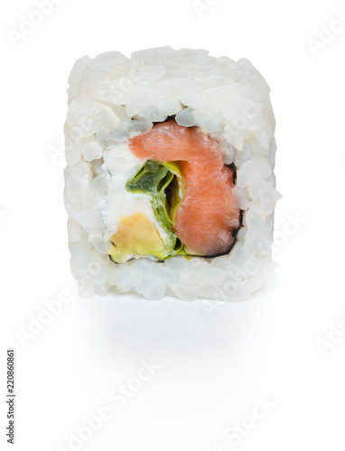 Japanese food eating roll sushi on white isolated background.