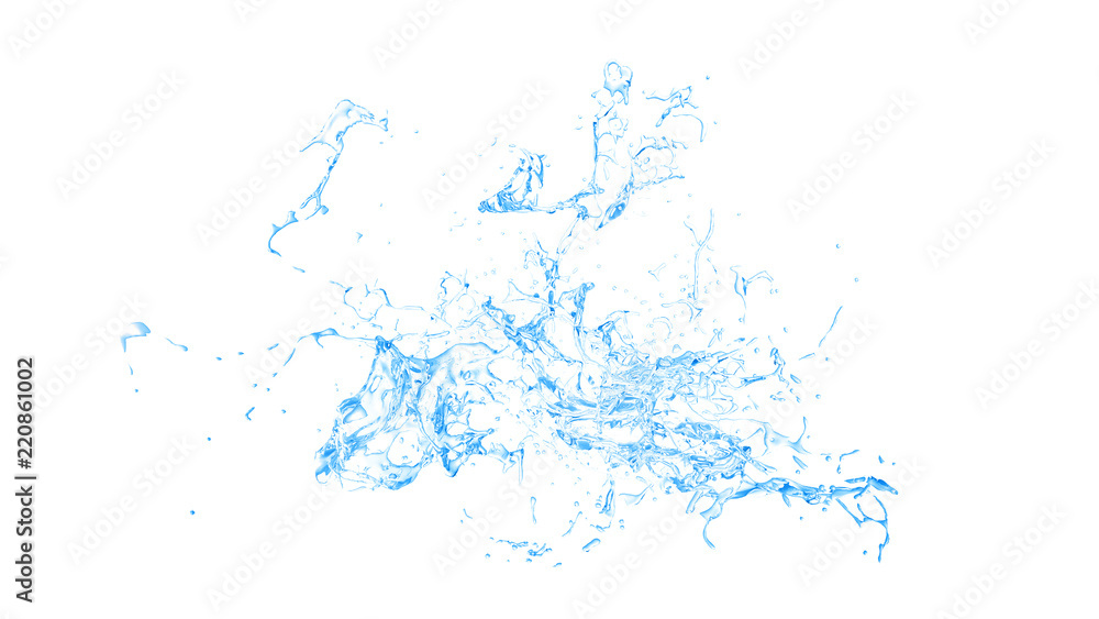 Isolated blue splash of water splashing on a white background. 3d illustration, 3d rendering. Isolated blue splash of water splashing on a white background. 3d illustration, 3d rendering.