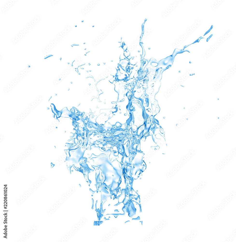 Isolated blue splash of water splashing on a white background. 3d illustration, 3d rendering. Isolated blue splash of water splashing on a white background. 3d illustration, 3d rendering.