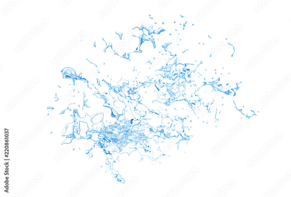 Isolated blue splash of water splashing on a white background. 3d illustration, 3d rendering. Isolated blue splash of water splashing on a white background. 3d illustration, 3d rendering.