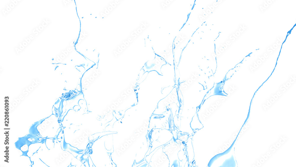 Isolated blue splash of water splashing on a white background. 3d illustration, 3d rendering. Isolated blue splash of water splashing on a white background. 3d illustration, 3d rendering.