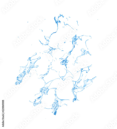 Isolated blue splash of water splashing on a white background. 3d illustration, 3d rendering.