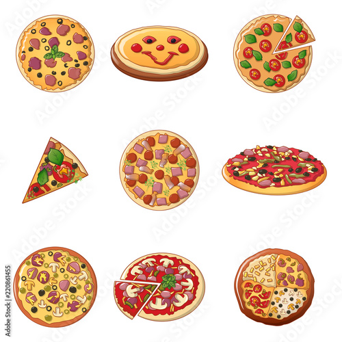 Pizza icon set. Cartoon set of pizza vector icons for web design
