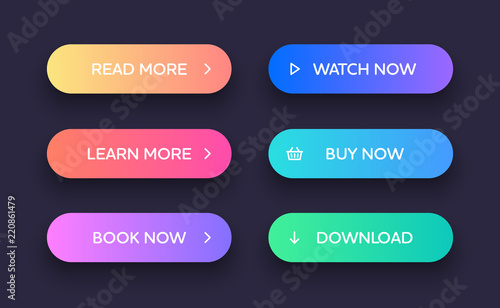 Set of vector modern material style buttons. Different gradient colors and icons on oval forms with shadows.