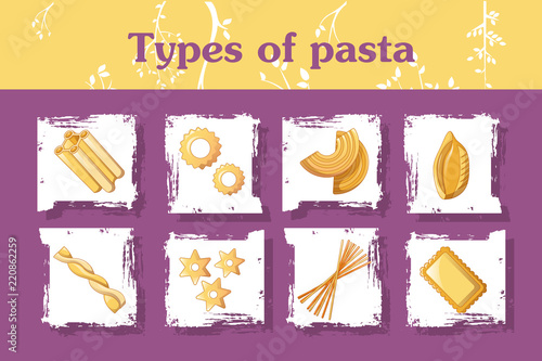 Types of italian pasta concept background. Cartoon illustration of types of italian pasta vector concept background for web design