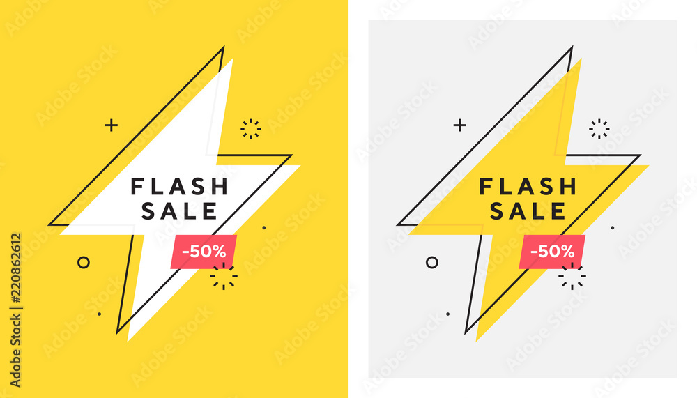 Trendy vector flash sale banne. Vivid lightning bolt in retro poster design style. Vintage colors and shapes. Red and yellow colors. 90s or 80s memphis style. - obrazy, fototapety, plakaty 