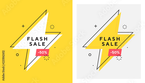 Trendy vector flash sale banne. Vivid lightning bolt in retro poster design style. Vintage colors and shapes. Red and yellow colors. 90s or 80s memphis style. photo