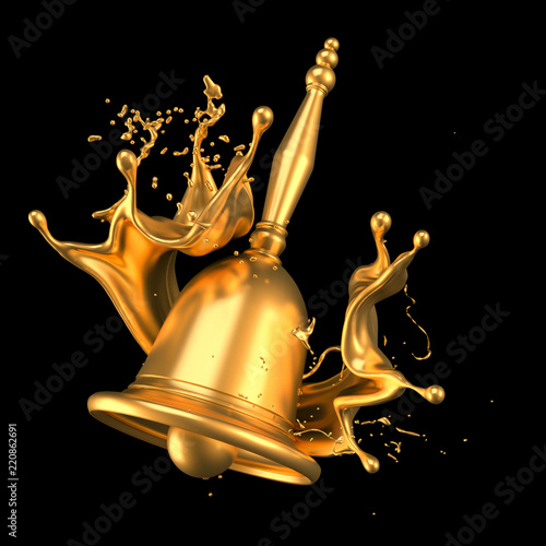 A beautiful metallic Christmas bell and a splash of gold. 3d illustration, 3d rendering. photo