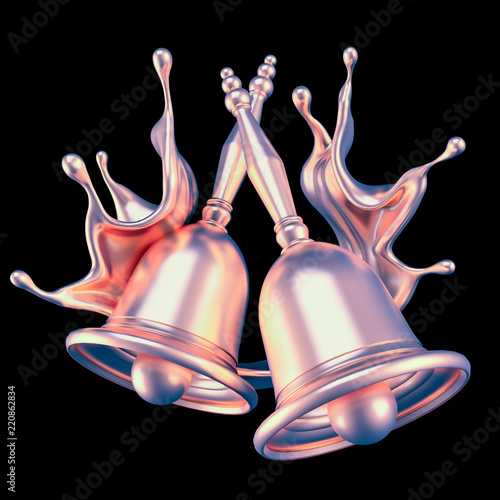 A beautiful metallic Christmas bell and a splash of gold. 3d illustration, 3d rendering. photo