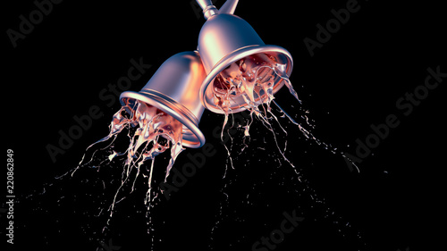 A beautiful metallic Christmas bell and a splash of gold. 3d illustration, 3d rendering. photo