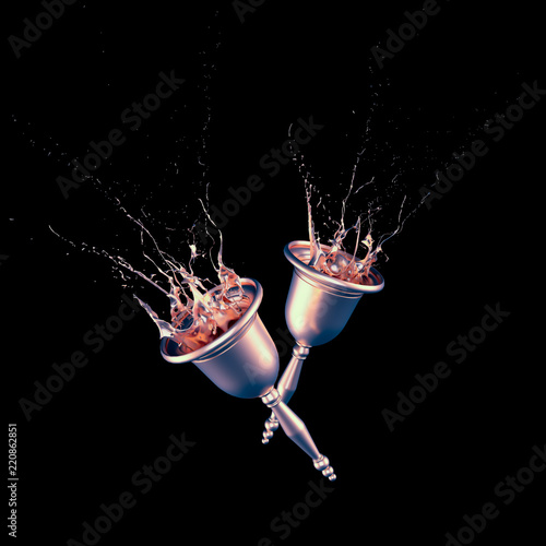 A beautiful metallic Christmas bell and a splash of gold. 3d illustration, 3d rendering. photo