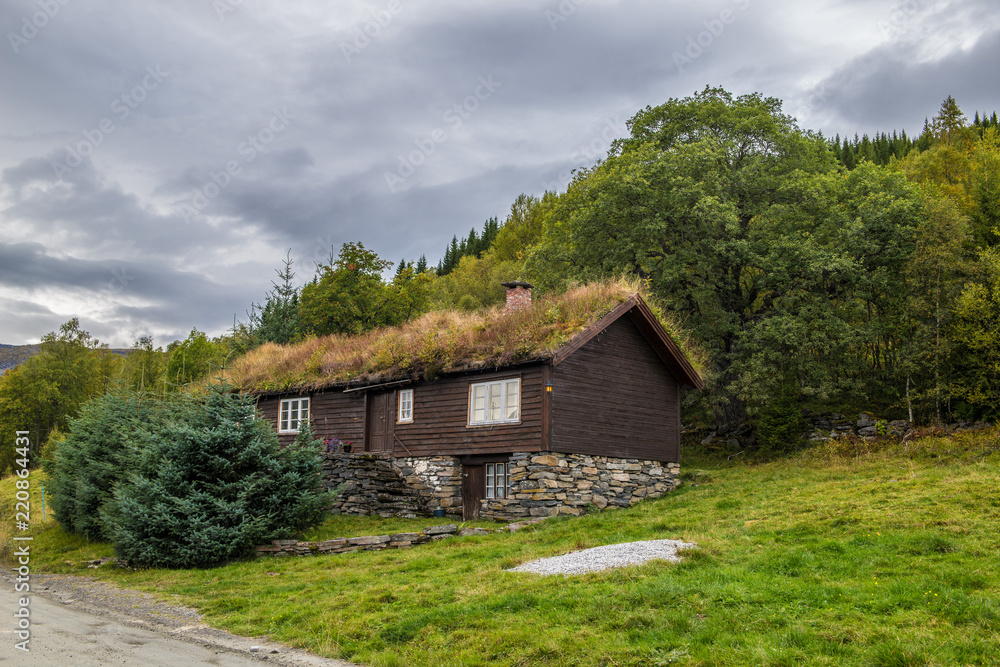Fototapeta premium Norwegian home near lakes in autumn