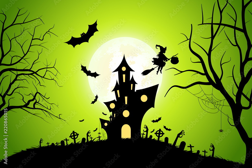 Halloween Background with Whitch and Haunted House.