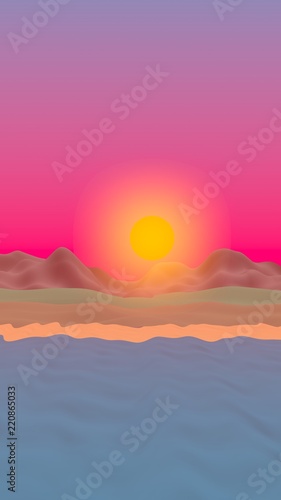 Sun Sea Beach. Sunset. Ocean shore line with waves on a beach. Island beach paradise with waves. Vacation, summer, relaxation. Seascape, seashore. Minimalist landscape, primitivism. 3D illustration