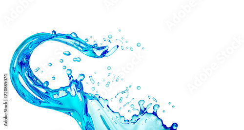 Transparent, blue, beautiful, isolated splash water splash on a white background. 3d illustration, 3d rendering.