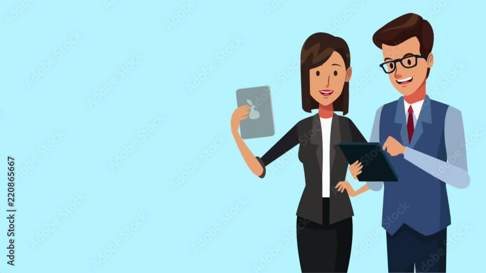 Businessman and businsswoman with document and tablet cartoons high definition animation colorful scenes Businessman and businsswoman with document and tablet cartoons high definition animation colorful scenes