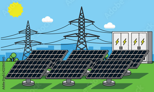 Solar power station with battery storage cartoon line illustration.