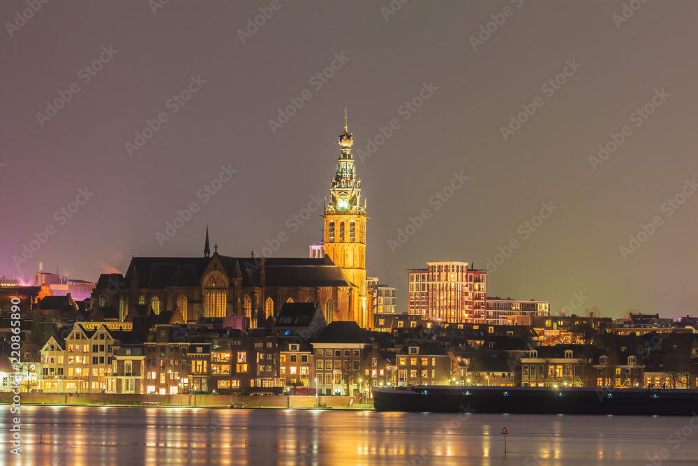 The Dutch city of Nijmegen with the flooded river Waal in front