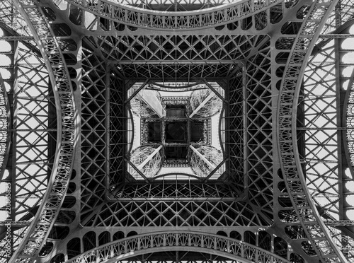 Underneath the Eiffel Tower black and white
