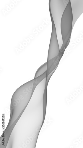 Abstract gray wave. Bright gray ribbon on white background. Gray scarf. Abstract smoke. Raster air background. Vertical image orientation. 3D illustration