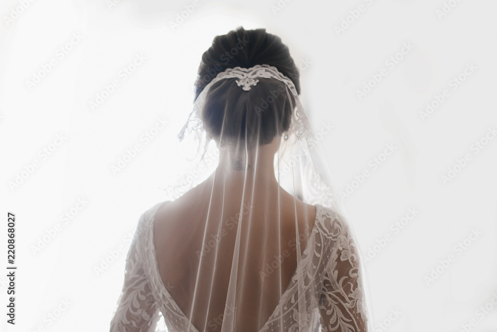 The bride stands back in a beautiful wedding dress with an open back and a veil