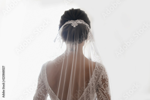 Obraz na płótnie The bride stands back in a beautiful wedding dress with an open back and a veil w salonie