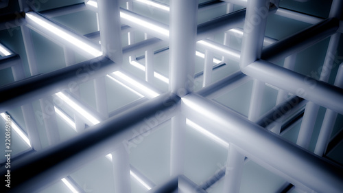 Grey abstract background with blue cubic lattice, 3d illustration, 3d rendering.