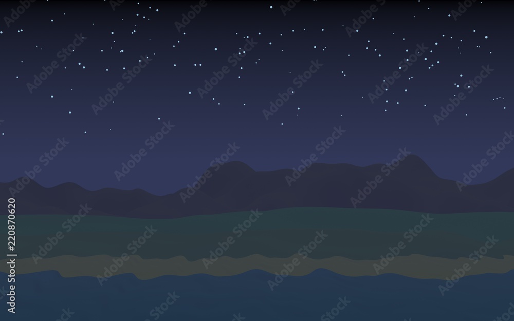 Obraz premium Starry moonless sky. Ocean shore line with waves on a beach. Island beach paradise with waves. Vacation, summer, relaxation. Seascape, seashore. Minimalist landscape, primitivism. 3D illustration