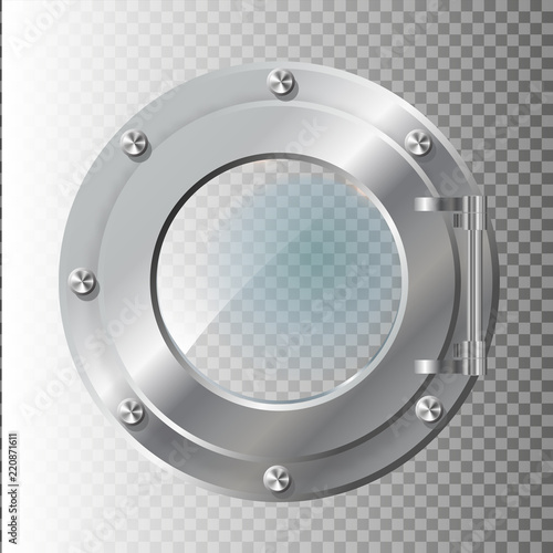 .Realistic Illustration of metal porthole of various shape on transparent background isolated vector illustration.