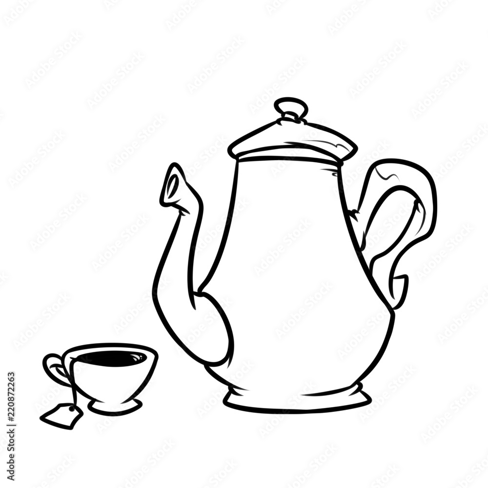 Teapot cup dishes serving tea cartoon illustration isolated image coloring  page Stock Illustration | Adobe Stock