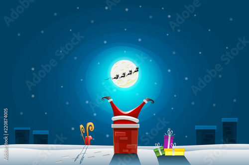 Funny card - Merry Christmas and Happy New Year, Santa claus stuck in the Chimney on roof