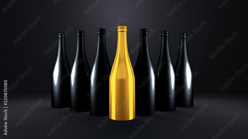 One gold bottle of champagne on a black background and a series of black bottles of alcohol One gold bottle of champagne on a black background and a series of black bottles of alcohol