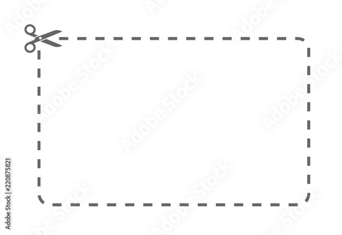 Coupon rectangle template. Dashed line with scissors black vector label.