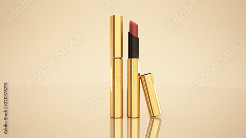 Lipstick on a yellow and gold background. Bottle, lipstick, accessory, style, makeup, lips, beauty, make-up, facials, ink, ..packaging. Cosmetics.