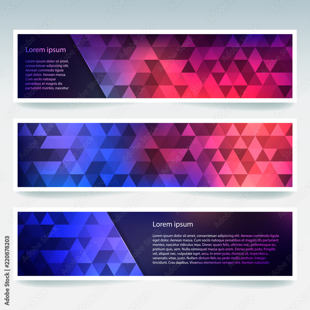 Abstract banner with business design templates. Set of Banners with polygonal mosaic backgrounds. Geometric triangular vector illustration. Pink, blue, purple colors. Abstract banner with business design templates. Set of Banners with polygonal mosaic backgrounds. Geometric triangular vector illustration. Pink, blue, purple colors.