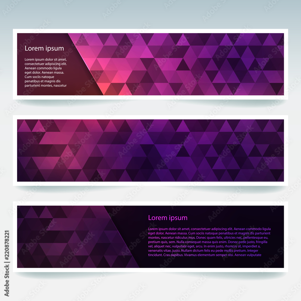 Set of banner templates with abstract background. Modern vector banners with polygonal background. Pink, purple colors.