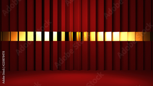 Stylish luxurious red abstract background with interior architectural elemenami, floor, wall and metal, gold.
