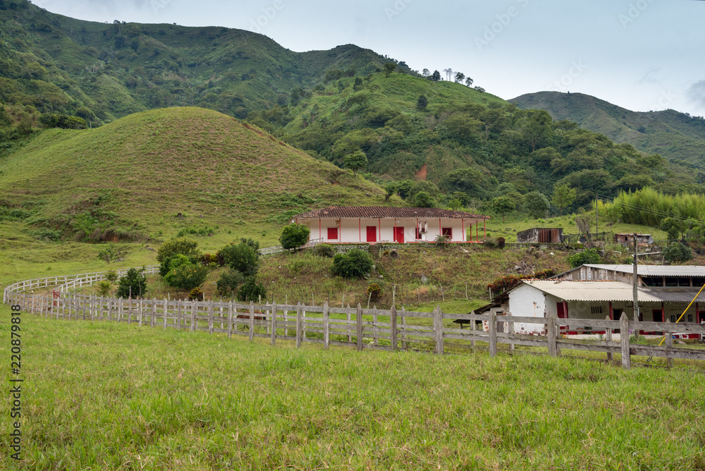 Typical plantation country house in the fields and landscapes of Colombia