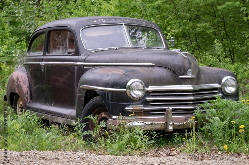 An abandoned car sits rusting in the woods An abandoned car sits rusting in the woods