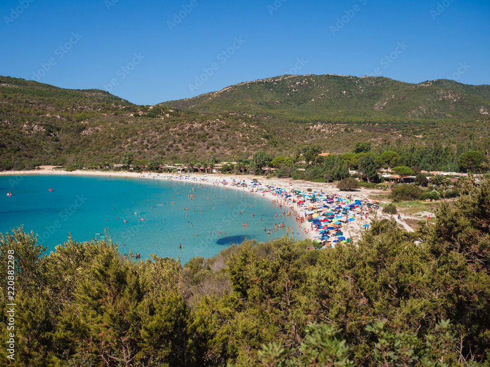 Villasimius, Italy - August 18, 2017: Transparent and turquoise sea in Cala Sinzias, Villasimius. Sardinia Italy