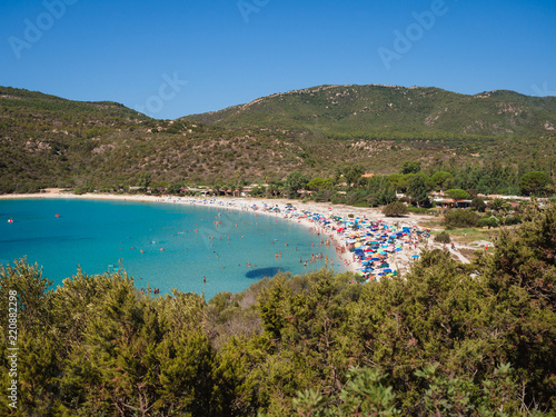 Villasimius, Italy - August 18, 2017: Transparent and turquoise sea in Cala Sinzias, Villasimius. Sardinia Italy