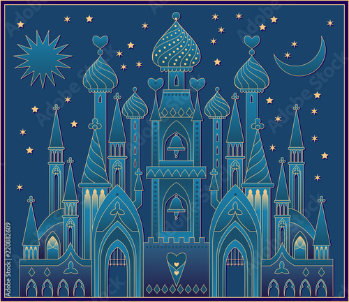 Illustration of a fantasy oriental castle eastern fairy tale. Vector cartoon image.